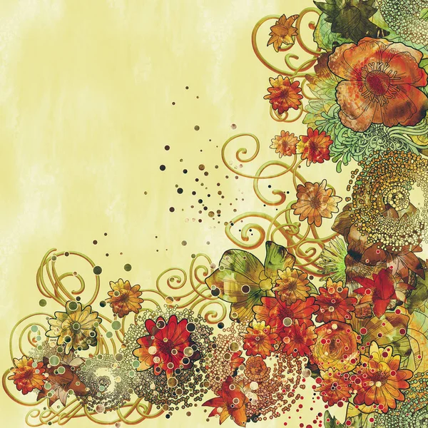画的美丽花卉边框与七彩花朵 — 图库照片