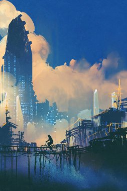 gecekondu ve futuristik gökdelen ile bilim-kurgu cityscape