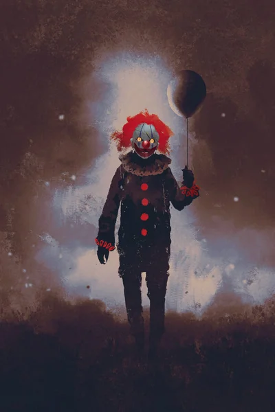 Evil clown standing with a black balloon — Stock Photo, Image