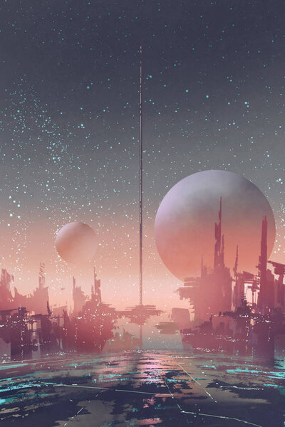 aerial view of sci-fi city with futuristic buildings on an alien planet