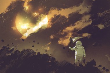 astronot bulutlu bir gökyüzü ve bir güneş karşı dağda bir bayrak konumu olan