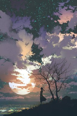 büyük moon ile güzel bir gökyüzü karşı bir dağın tepesinde duran kadın