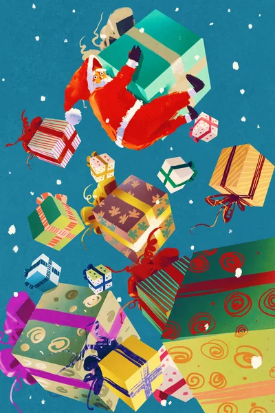 Santa Claus y cajas de regalo de Navidad cayendo sobre fondo azul —  Fotos de Stock