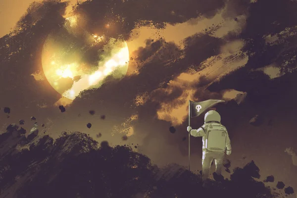 Астронавт с флагом, стоящим на горе против облачного неба и солнца — стоковое фото