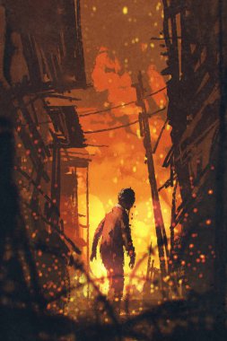 zombie looking back with burning city background clipart