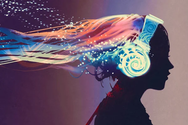Woman with magic glowing headphones — Stock Photo, Image