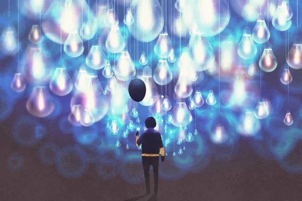 Hombre con globo negro entre una gran cantidad de bombillas azules brillantes —  Fotos de Stock