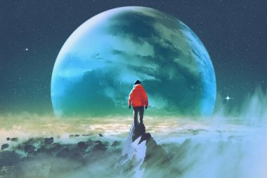 man on top of mountain looking at another planet clipart