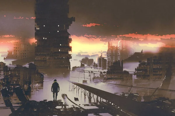 Pria berdiri di kota ditinggalkan, konsep sci-fi Stok Lukisan  