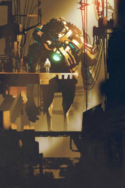 eski fabrikada dev robot bilim-kurgu sahne