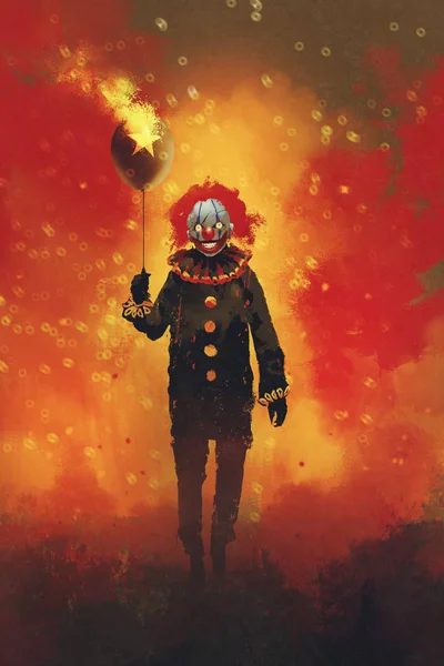 Pagliaccio malvagio in piedi con un palloncino su sfondo fuoco — Foto Stock