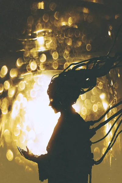 Altın ışık arka plan üzerinde fütüristik kadın robot siluet — Stok fotoğraf