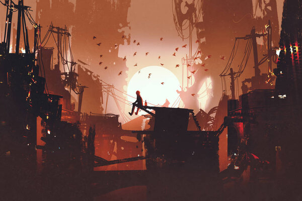 man sitting on a roof in city watching the sunrise