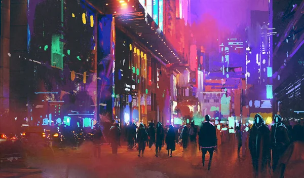 People walking in the sci-fi city at night — Stock Photo, Image