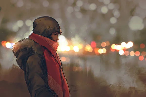 Outdoor portrait of young man in winter with bokeh light — Stock Photo, Image