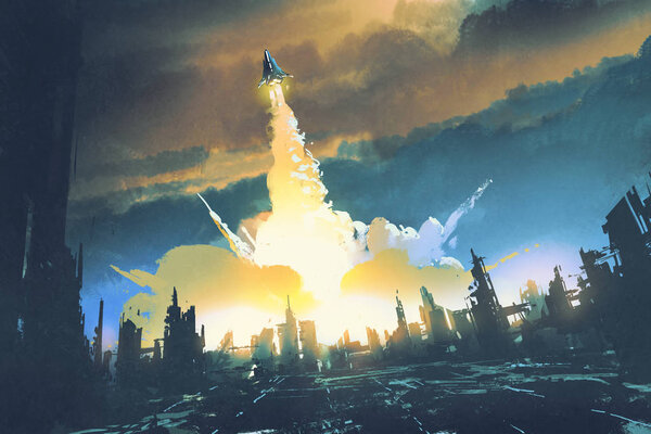 Rocket launch take off from an abandoned city — Stock Photo, Image