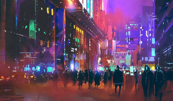 Pessoas andando na cidade de ficção científica à noite Fotografias De Stock Royalty-Free