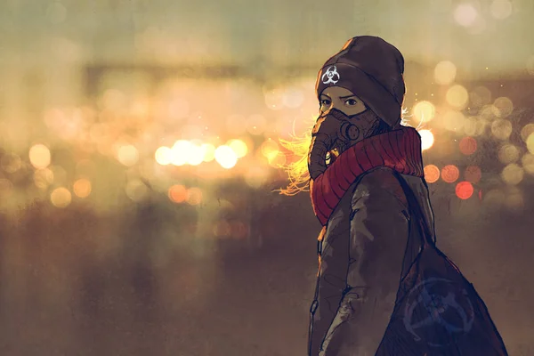 Jeune femme avec masque à gaz en hiver avec lumière bokeh sur fond — Photo