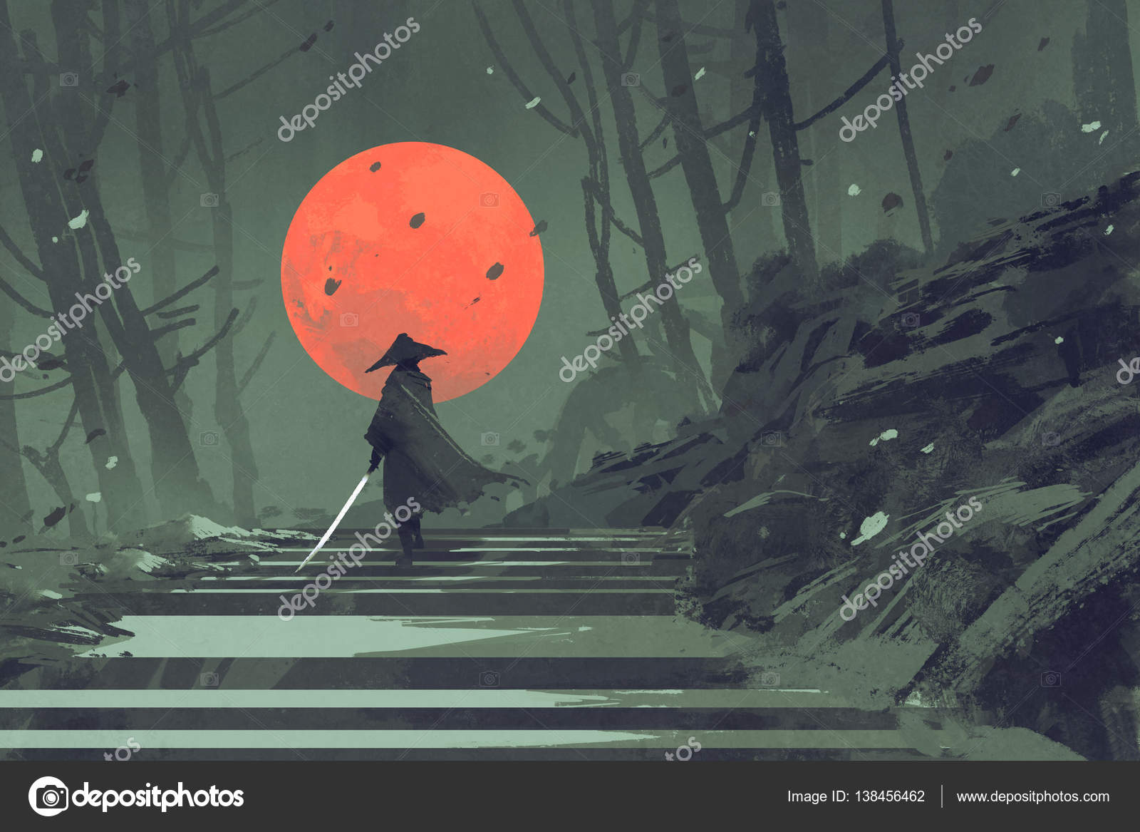 Samurai em pé na escada na floresta noturna Ilustração de ©grandfailure  #138456462, image size:1600x1167