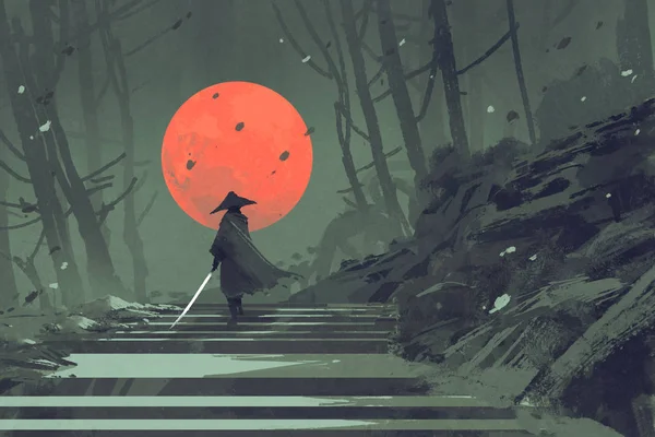 Samurai standing on stairway in night forest — Stock Photo, Image