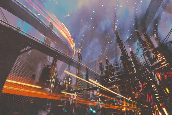 Futuristic city with industrial buildings — Stock Photo, Image