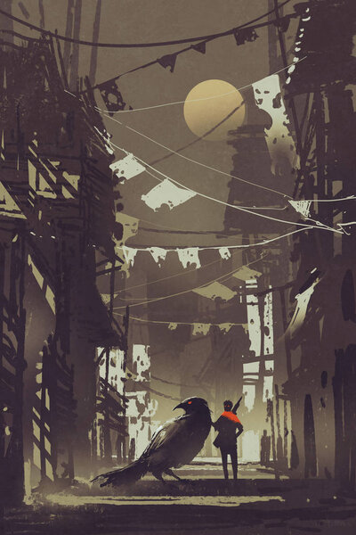 the traveler with his crow in abandoned city 