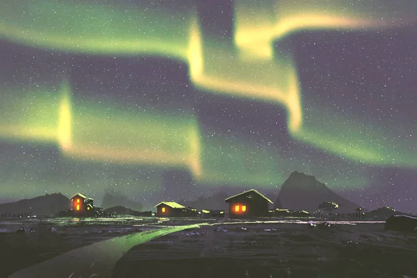 Paysage nocturne du village sous les aurores boréales — Photo