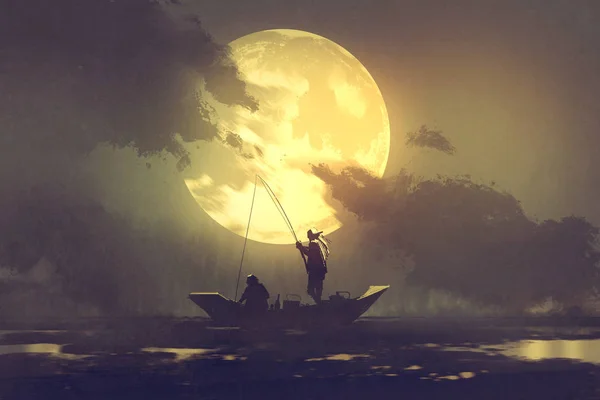 Ψαράδες με fishing rod στο σκάφος και μεγάλο φεγγάρι σε φόντο — Φωτογραφία Αρχείου