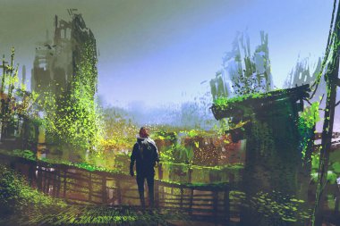 man standing on old bridge in overgrown city