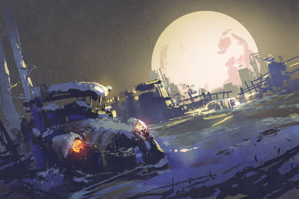 Winter night scenery showing abandoned car coverd with snow and big fullmoon on background,illustration painting