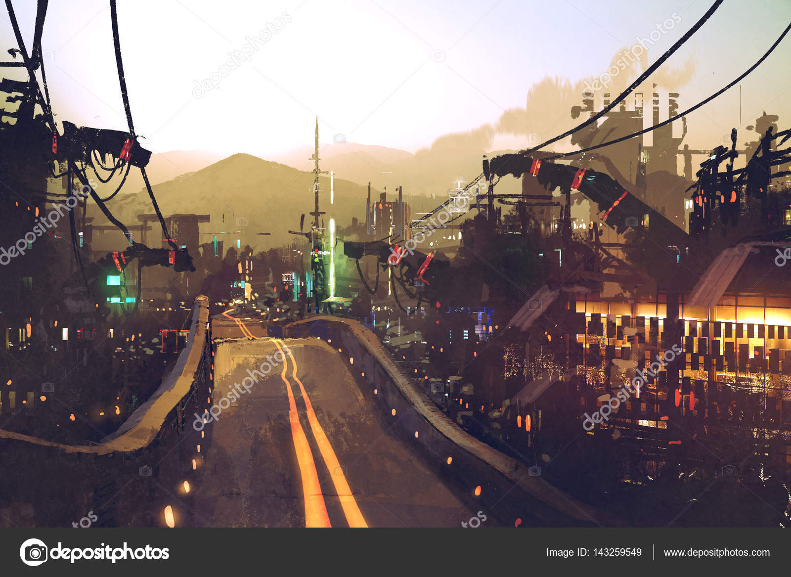 Highway street on futuristic city with structures and buildings at 