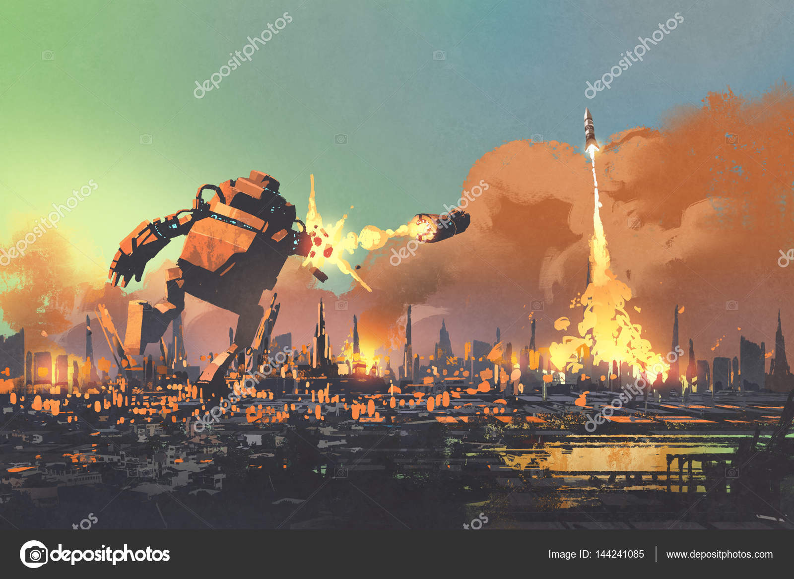 The giant destroy city Stock Illustration by