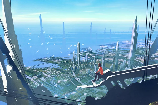 Uomo seduto sul bordo dell'edificio guardando la città futuristica — Foto Stock