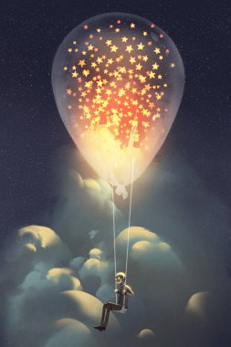 man and big balloon with glowing stars inside floating in the sky clipart