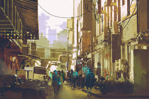 People walking in city street,futuristic urban concept — Stock Photo, Image