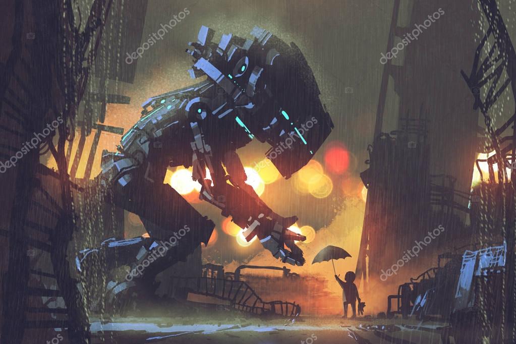 Kid giving umbrella to giant robot — Stock Photo © grandfailure #145048237