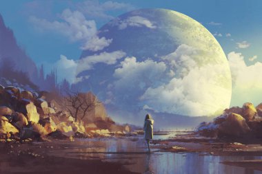 scenery of lonely woman looking at another earth clipart