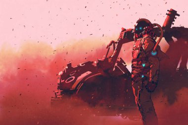 Mars gezegenin fütüristik aracın yanında duran kırmızı astronot