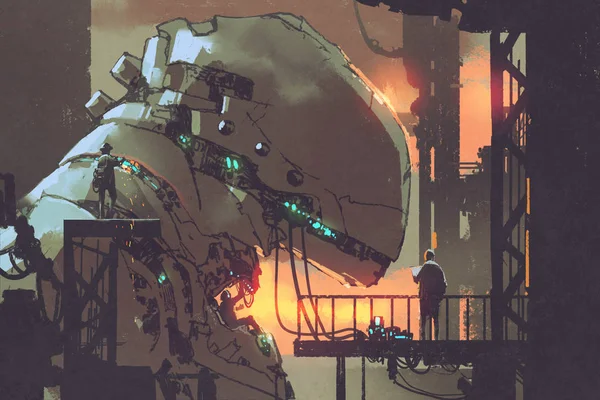 Mecânicos reparando o robô gigante na fábrica — Fotografia de Stock
