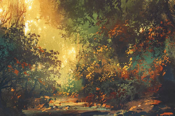 Colorful forest with trees and flowers in spring at sunset — Stock Image Colorful forest with trees and flowers in spring at sunset Royalty Free Stock Images