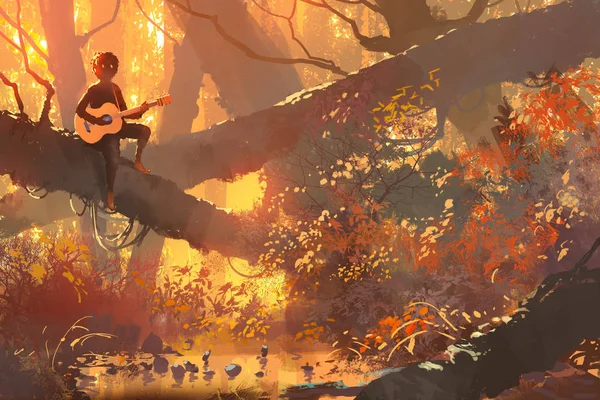 Junger Mann mit Gitarre sitzt auf Baum im Herbstwald — Stockfoto