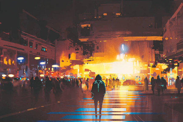 man standing on street looking at futuristic city at night