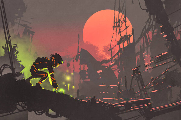 The robot planting seeds in the ruin city at sunset, illustration painting