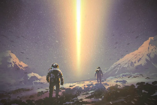 Astronauts walking to mystery light beam from the sky — Stock Photo, Image