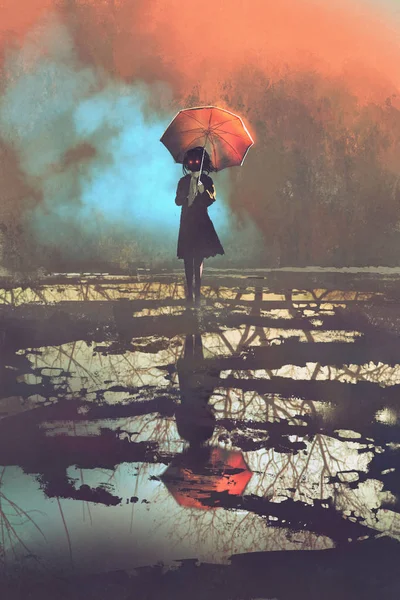 Mysterious woman holds umbrella standing in a puddle — Stock Photo, Image