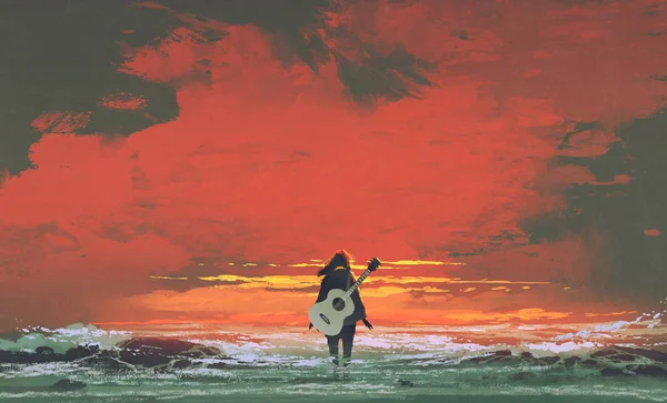 Woman with guitar on back standing in the sea — Stock Photo, Image