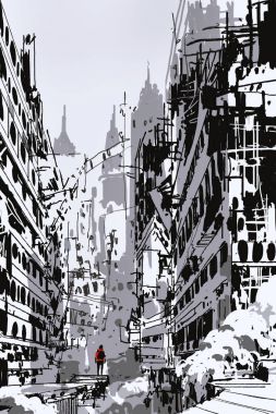 terk edilmiş şehirde ayakta kalan adam