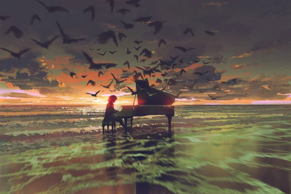 Mężczyzna na plaży gry na fortepianie — Zdjęcie stockowe