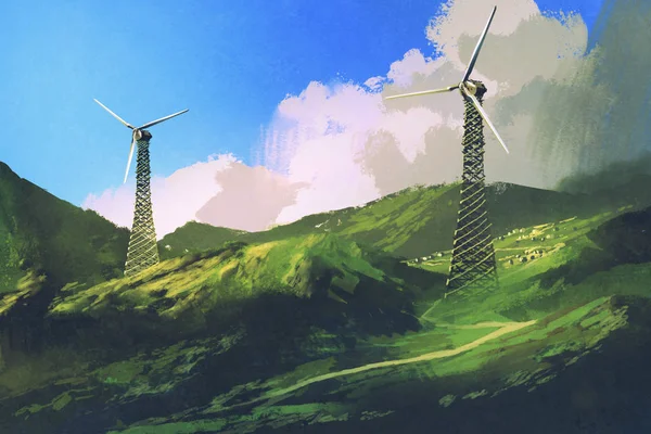 Landschaft mit Windrädern auf dem grünen Berg — Stockfoto
