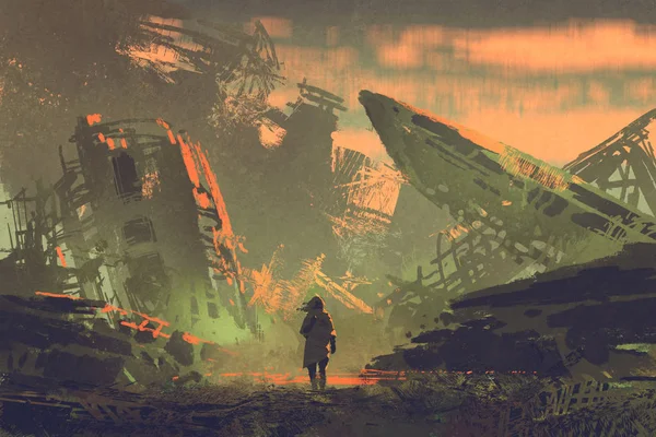 Man lopen uit van verwoeste vlakken — Stockfoto